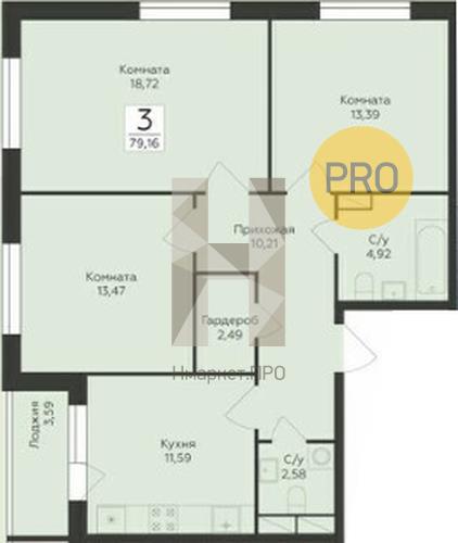 3—комн. квартира, 79.16 кв.м, 10/18 этаж