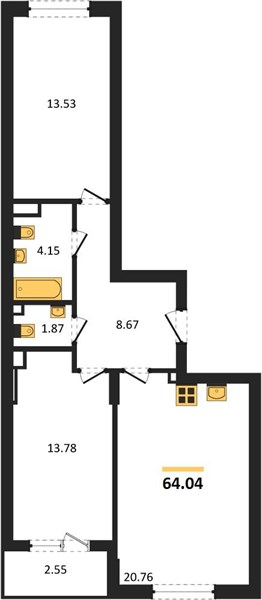 ЖК «Менделеев» · 2-комнатная квартира · 64.04 м² · 13 этаж