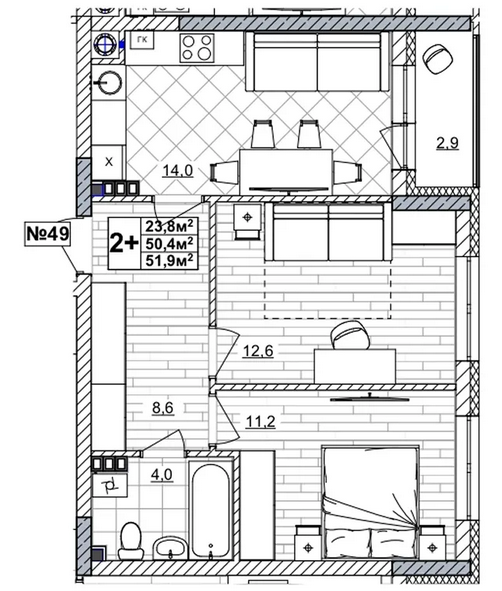 ЖК «Смородина» · 2-комнатная квартира · 51.9 м² · 3 этаж