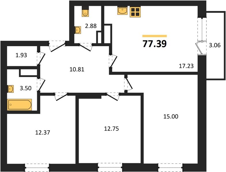 ЖК «Мед» · 3-комнатная квартира · 77.39 м² · 14 этаж