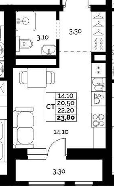 ЖК «Искра» · Студия · 22.2 м² · 15 этаж