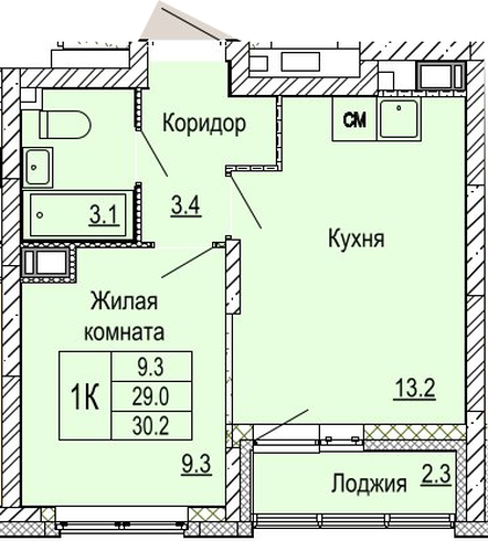 ЖК «Кузнечиха Город» · 1-комнатная квартира · 30.2 м² · 11 этаж