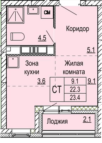 ЖК «Кузнечиха Город» · Студия · 23.4 м² · 12 этаж
