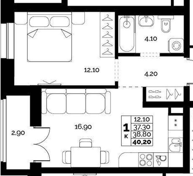 ЖК «Искра» · 1-комнатная квартира · 38.8 м² · 1 этаж