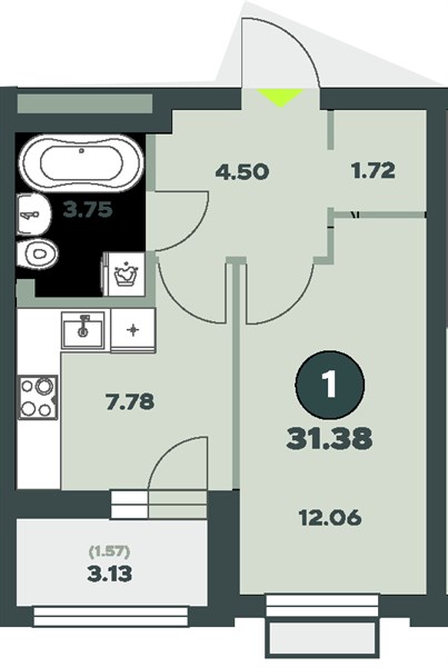 ЖК «Авторика» · 1-комнатная квартира · 31.38 м² · 12 этаж