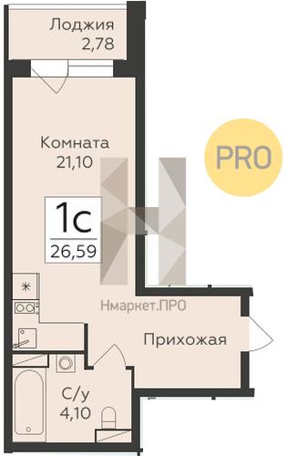 Квартира, 26.59 кв.м, 16/19 этаж