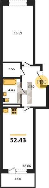 1—комн. квартира, 52.43 кв.м, 4/24 этаж