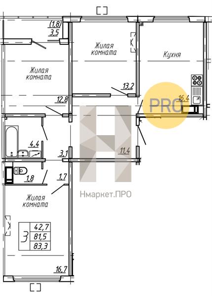 3—комн. квартира, 83.3 кв.м, 6/15 этаж