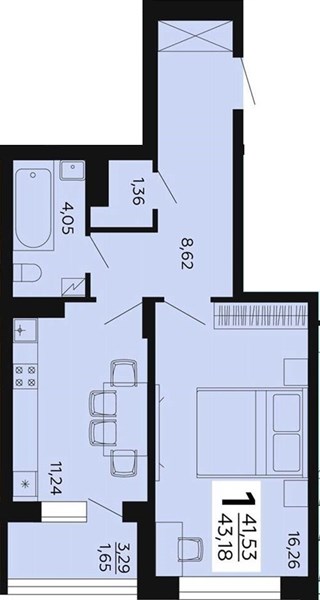 1—комн. квартира, 43.18 кв.м, 18/18 этаж