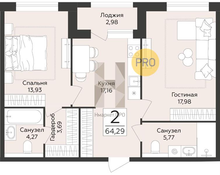 2—комн. квартира, 64.29 кв.м, 1/12 этаж
