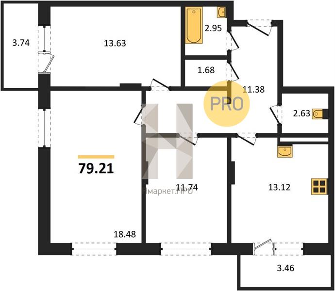 3—комн. квартира, 79.21 кв.м, 4/19 этаж