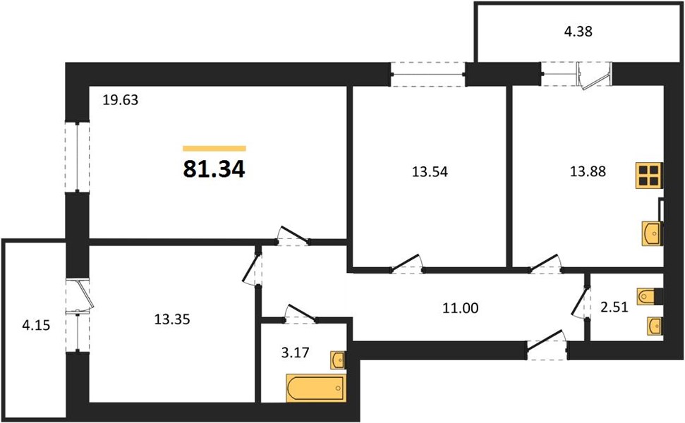 3—комн. квартира, 81.34 кв.м, 2/4 этаж