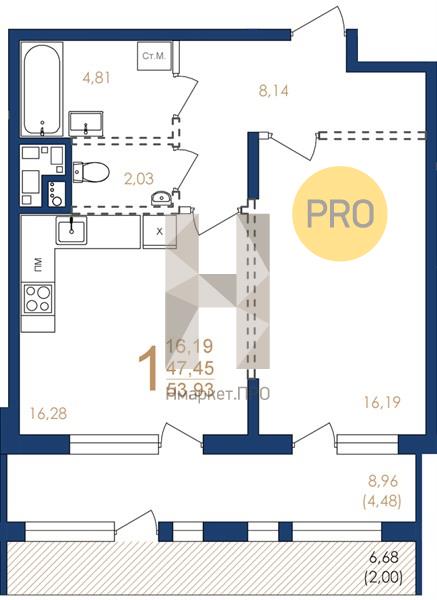 1—комн. квартира, 53.93 кв.м, 2/17 этаж
