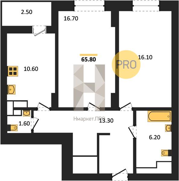 2—комн. квартира, 65 кв.м, 14/25 этаж