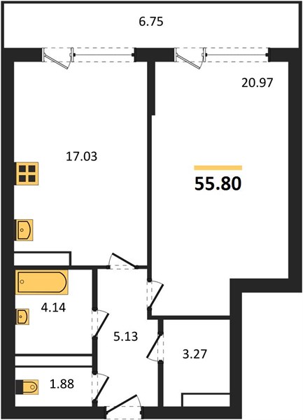 1—комн. квартира, 55.8 кв.м, 20/23 этаж