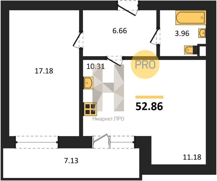 1—комн. квартира, 52.86 кв.м, 2/10 этаж