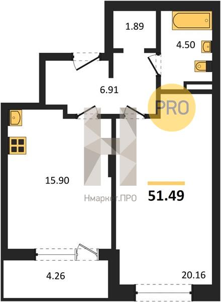 1—комн. квартира, 51.49 кв.м, 7/21 этаж