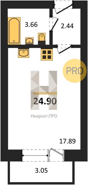 1—комн. квартира, 24.9 кв.м, 4/4 этаж