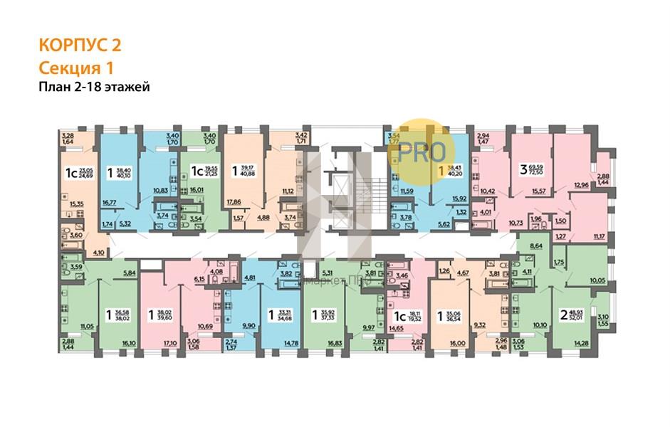 1—комн. квартира, 40.2 кв.м, 18/18 этаж