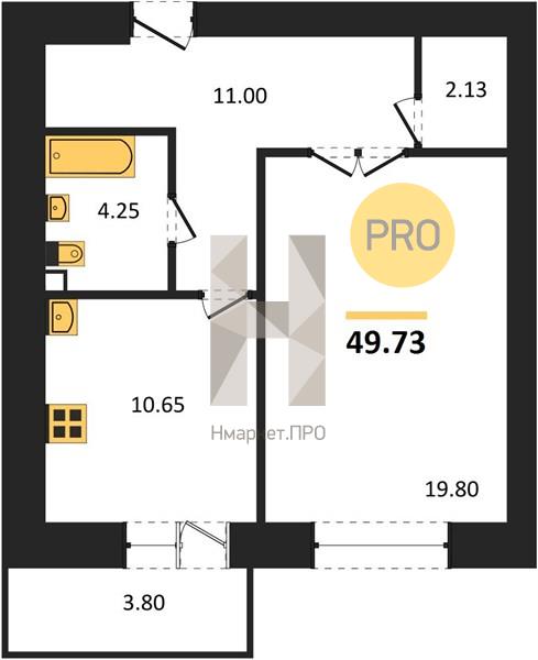 1—комн. квартира, 50.4 кв.м, 7/16 этаж