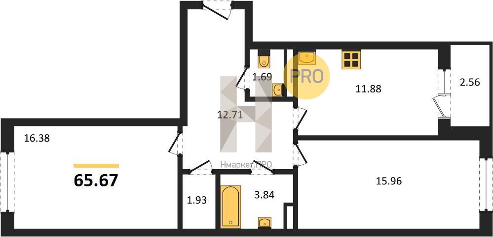 2—комн. квартира, 65.67 кв.м, 5/18 этаж