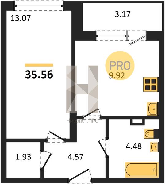 1—комн. квартира, 35.56 кв.м, 6/24 этаж