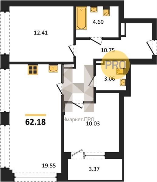 2—комн. квартира, 62.18 кв.м, 6/16 этаж