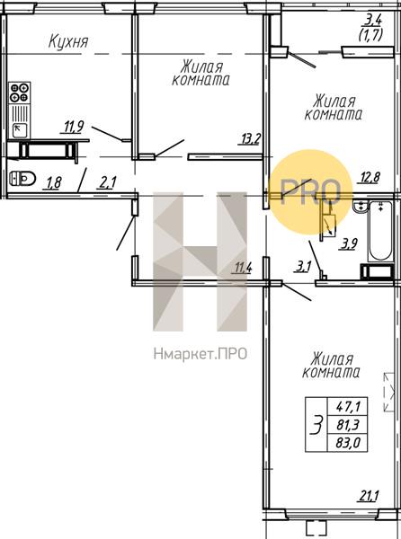3—комн. квартира, 83 кв.м, 11/15 этаж