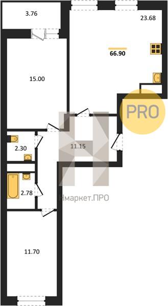 2—комн. квартира, 66.9 кв.м, 3/21 этаж