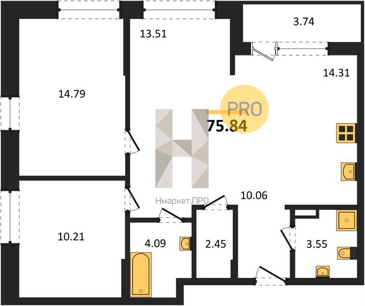 2—комн. квартира, 75.84 кв.м, 17/24 этаж