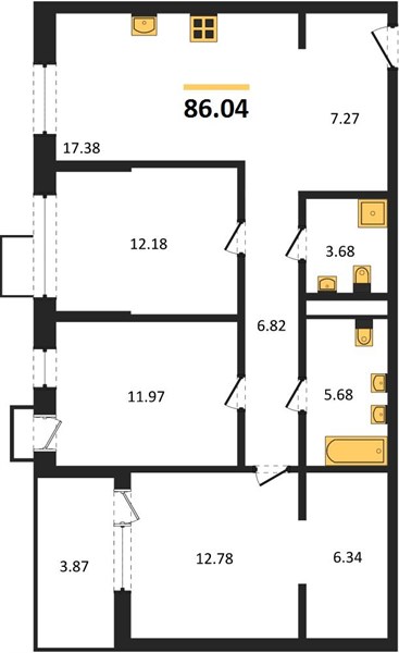3—комн. квартира, 86.04 кв.м, 15/21 этаж