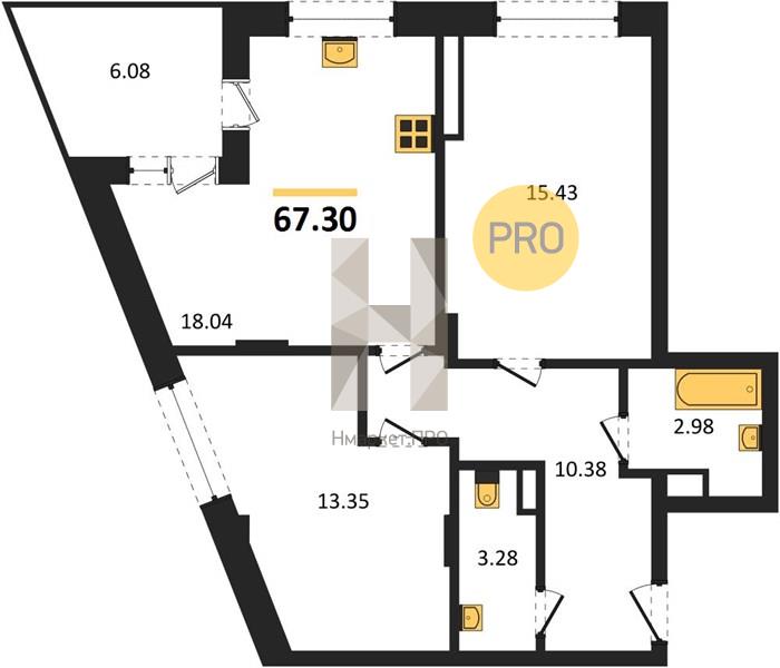 2—комн. квартира, 67.3 кв.м, 15/24 этаж