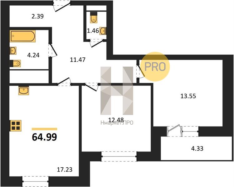 2—комн. квартира, 64.99 кв.м, 2/25 этаж