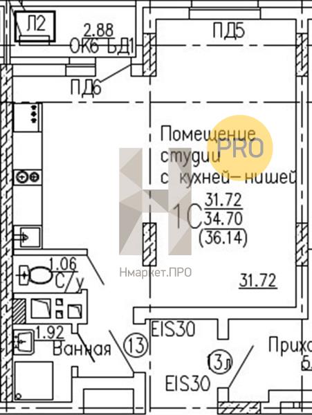 1—комн. квартира, 36.14 кв.м, 27/27 этаж