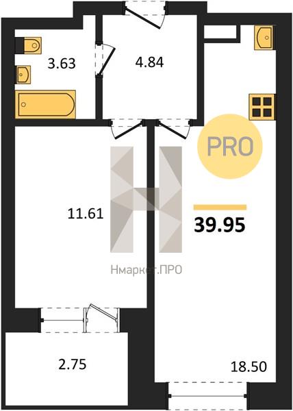 1—комн. квартира, 39.95 кв.м, 17/28 этаж