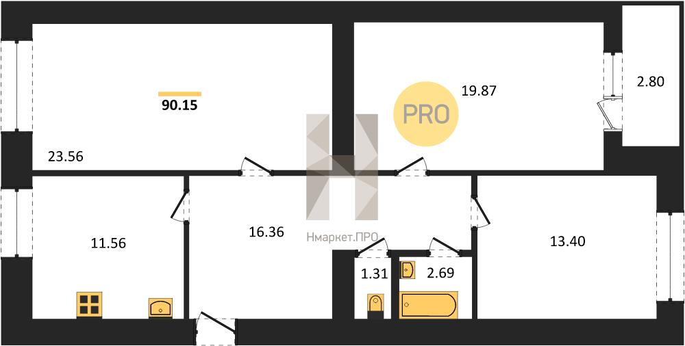 3—комн. квартира, 91 кв.м, 11/16 этаж