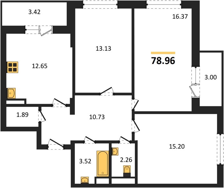 3—комн. квартира, 78.96 кв.м, 10/18 этаж