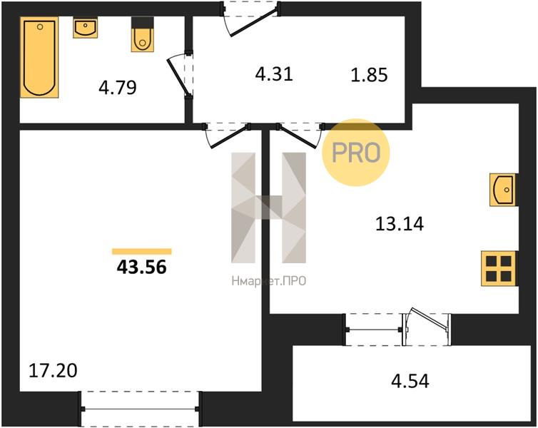1—комн. квартира, 43.56 кв.м, 3/25 этаж