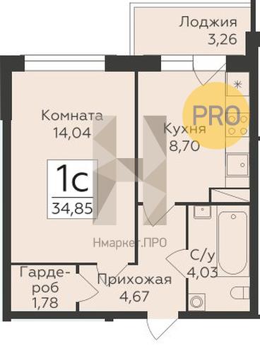 1—комн. квартира, 34.85 кв.м, 4/19 этаж