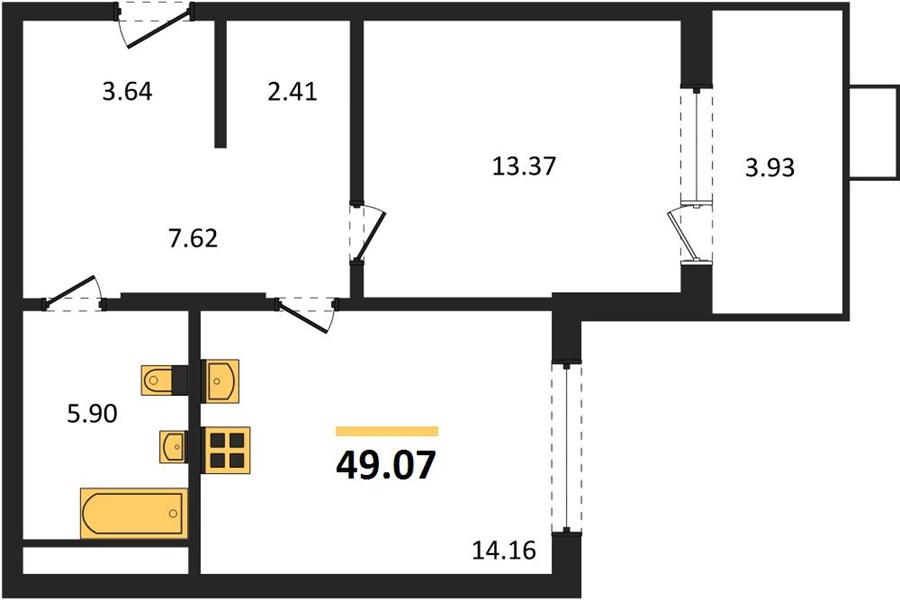 1—комн. квартира, 49.07 кв.м, 2/21 этаж