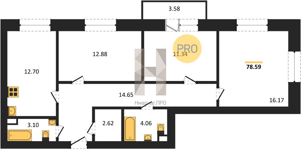 3—комн. квартира, 78.59 кв.м, 7/10 этаж