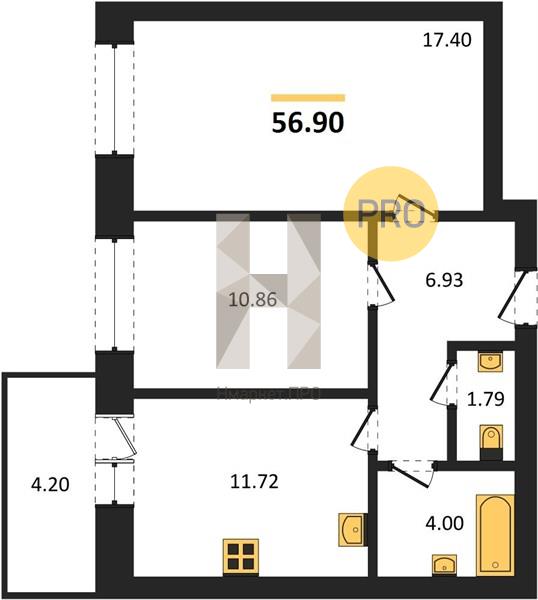 2—комн. квартира, 56.9 кв.м, 7/8 этаж