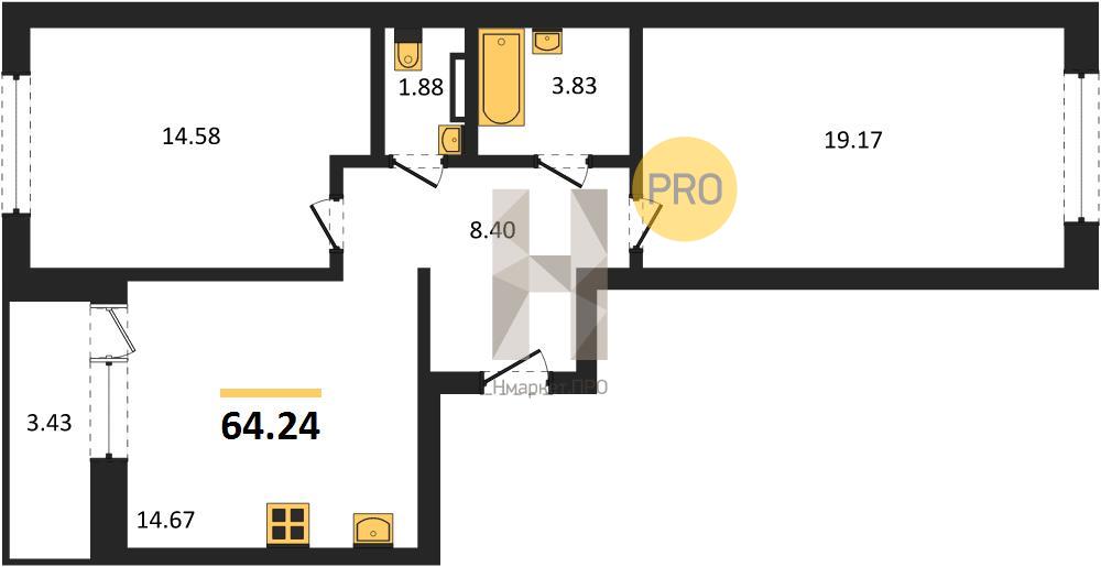 2—комн. квартира, 64.24 кв.м, 5/8 этаж