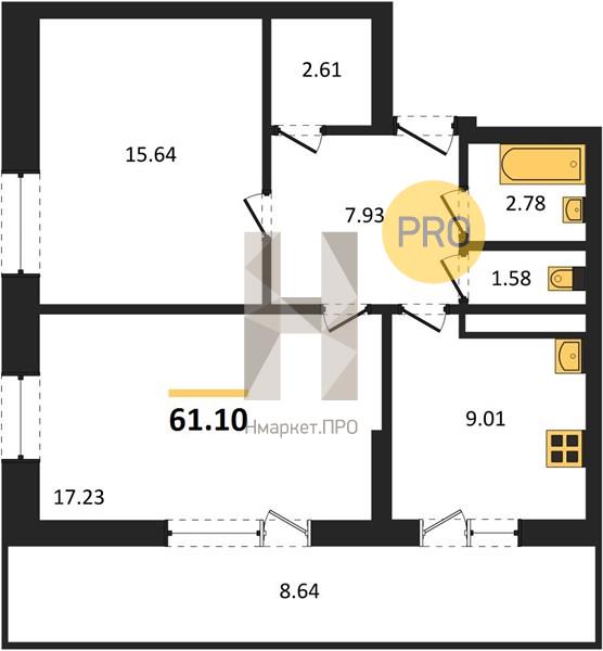 2—комн. квартира, 61.1 кв.м, 4/25 этаж
