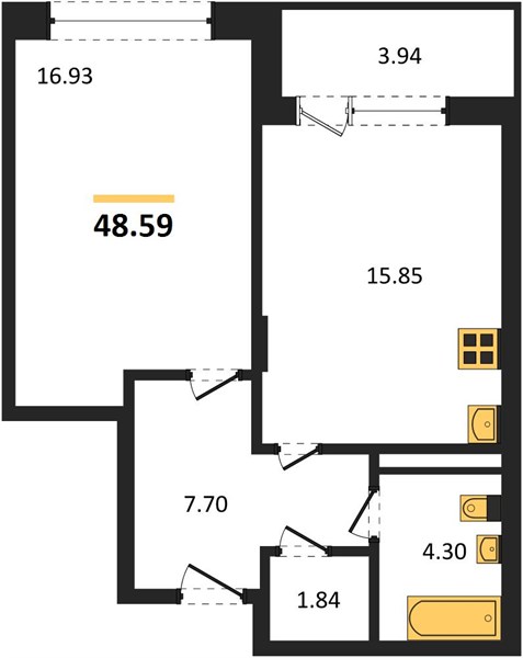 1—комн. квартира, 48.59 кв.м, 5/21 этаж