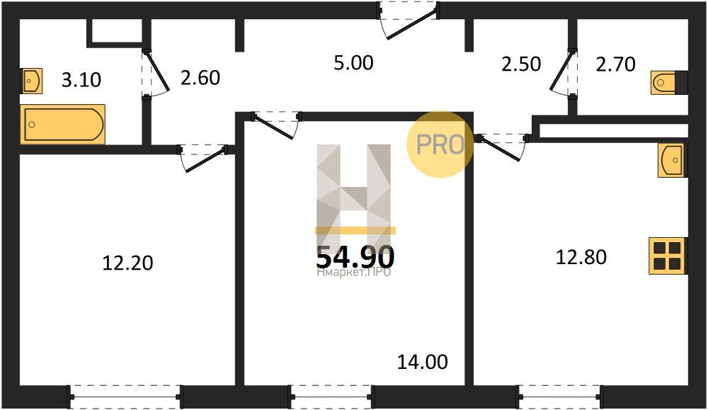 2—комн. квартира, 54.9 кв.м, 1/7 этаж