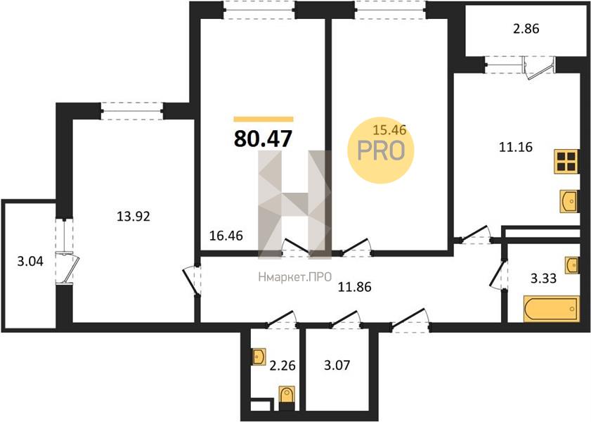 3—комн. квартира, 80.47 кв.м, 9/18 этаж