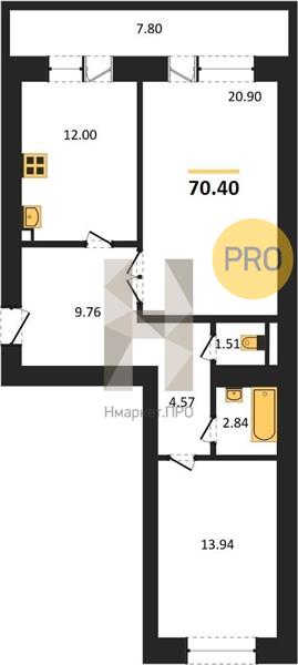 2—комн. квартира, 70.4 кв.м, 13/16 этаж