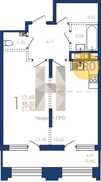 1—комн. квартира, 51.96 кв.м, 2/17 этаж