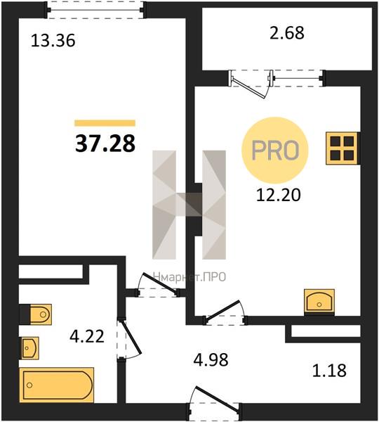 1—комн. квартира, 37.28 кв.м, 6/9 этаж